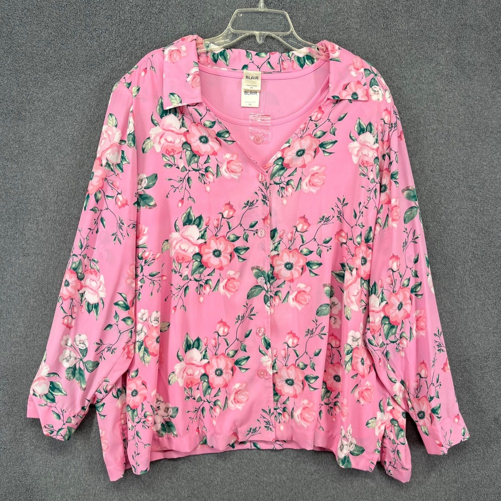 Blair Floral Shirt Tank Set Women 3XL Pink Button Front Long Sleeve Grandma Core